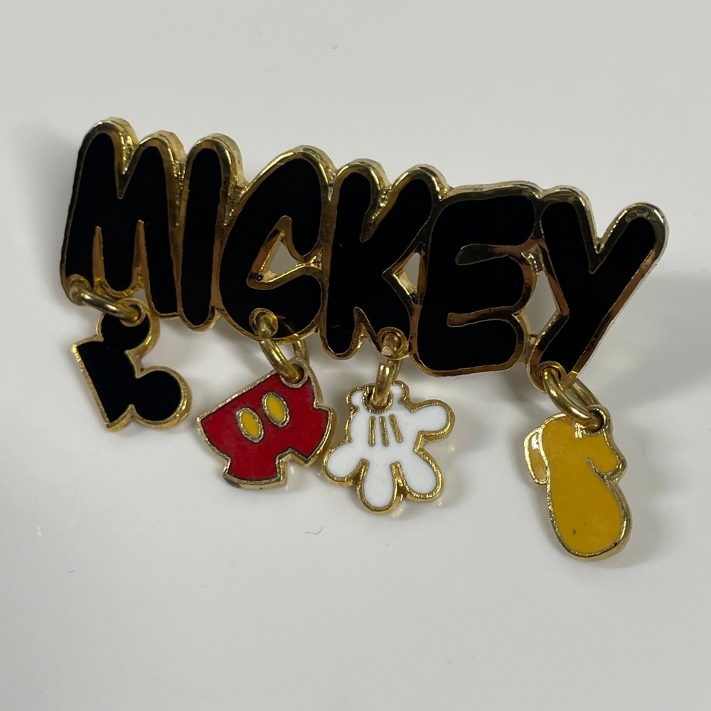 Disney Mickey Mouse Enamel Pin Set Vintage Gold Tone Dangle Name 5pc OS - Picture 2 of 6